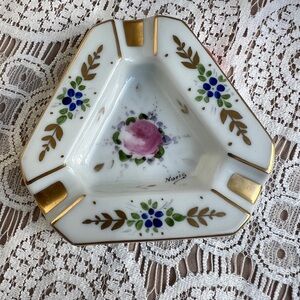 Vintage Limoges Triangular Porcelain Dish- Ashtray with Gold and Floral Design